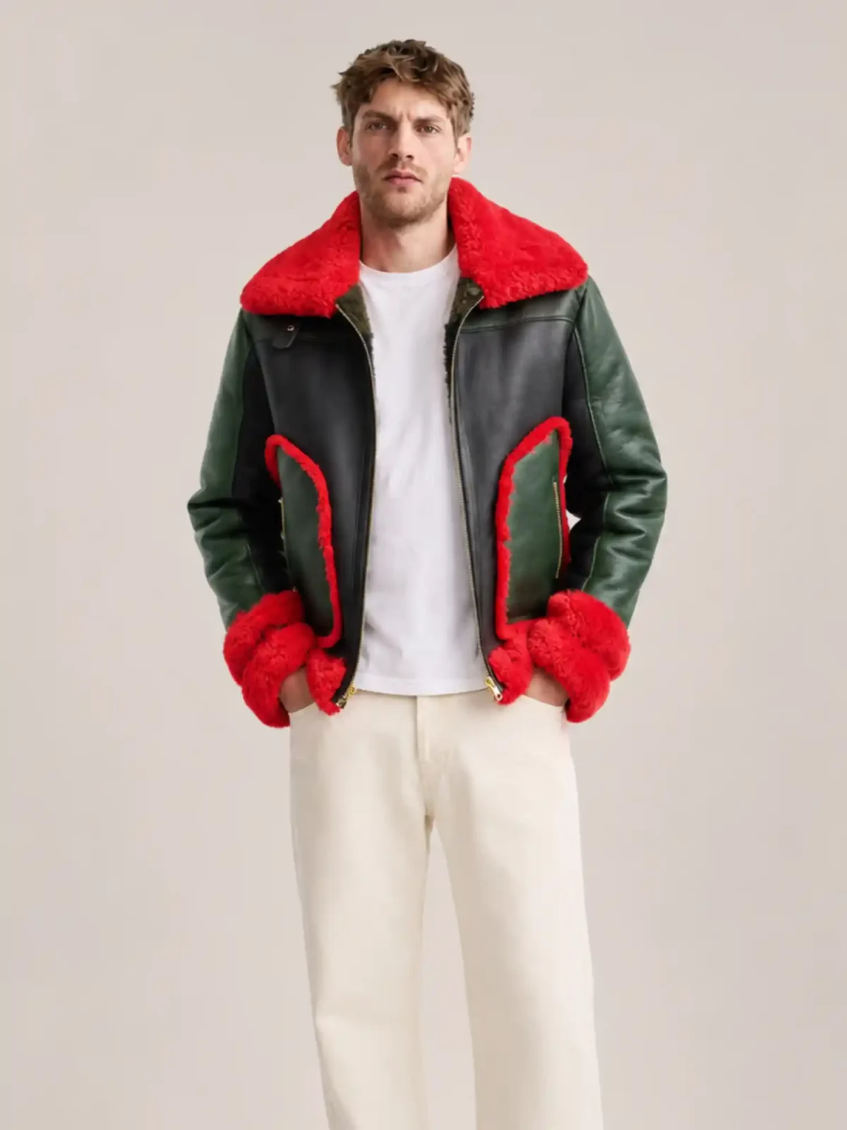 Men's Shearling Red Fur Pilot Style leather Jacket