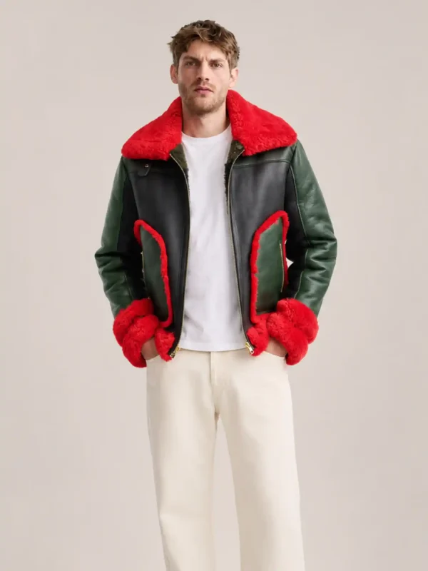 Men's Shearling Red Fur Pilot Style leather Jacket