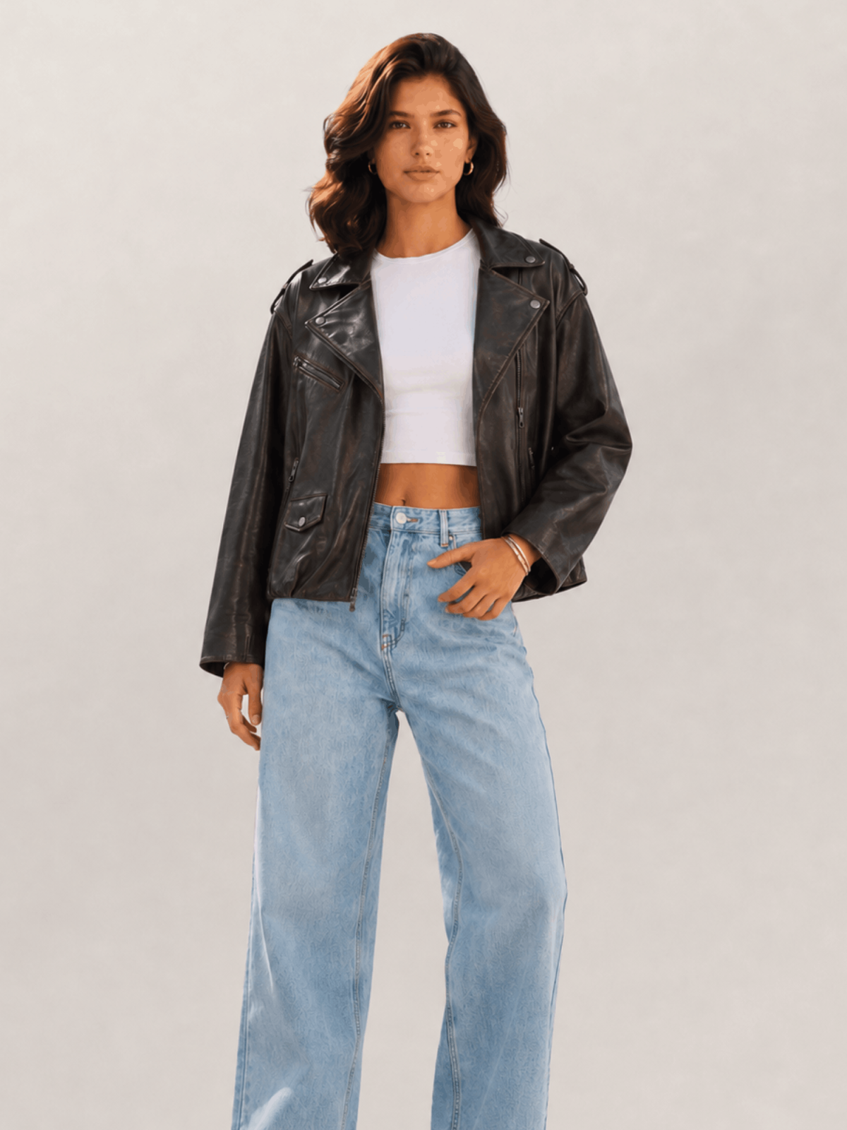Women's Black Relaxed Fit Leather Biker Jacket