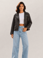 Women's Black Relaxed Fit Leather Biker Jacket