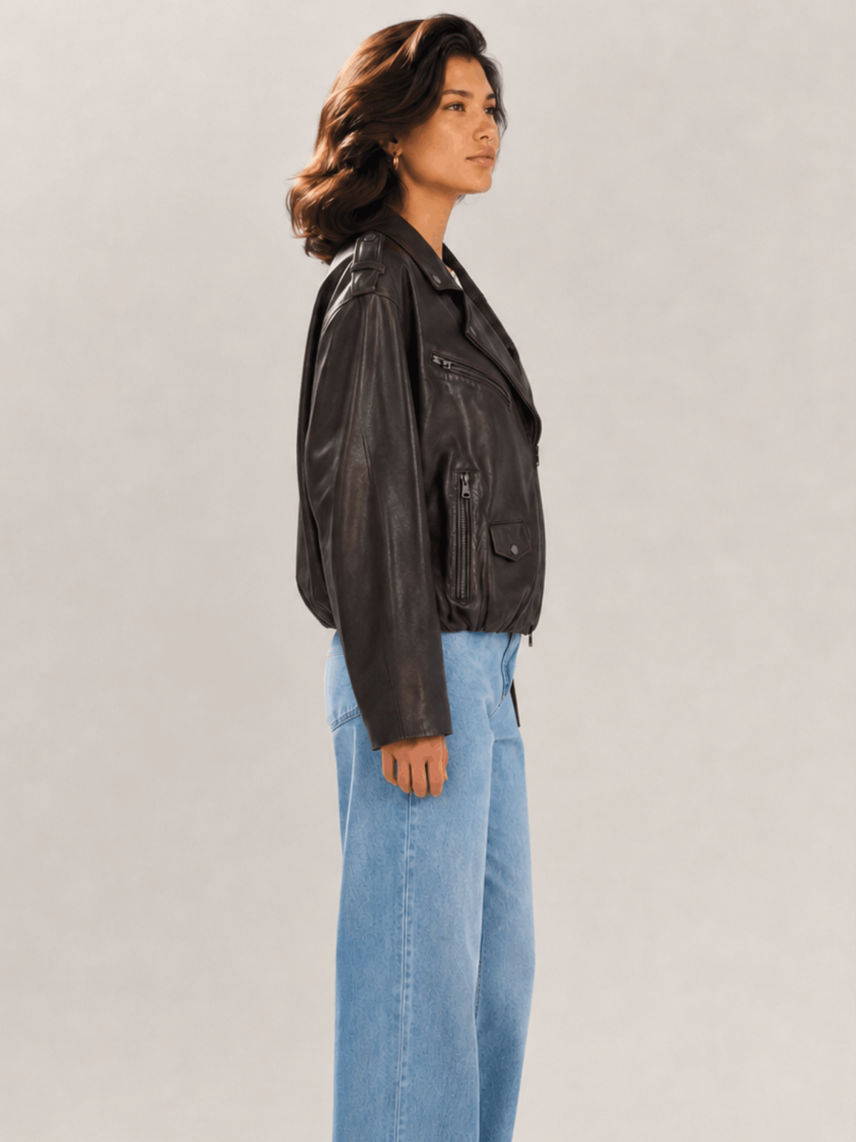 Women's Black Relaxed Fit Leather Biker Jacket