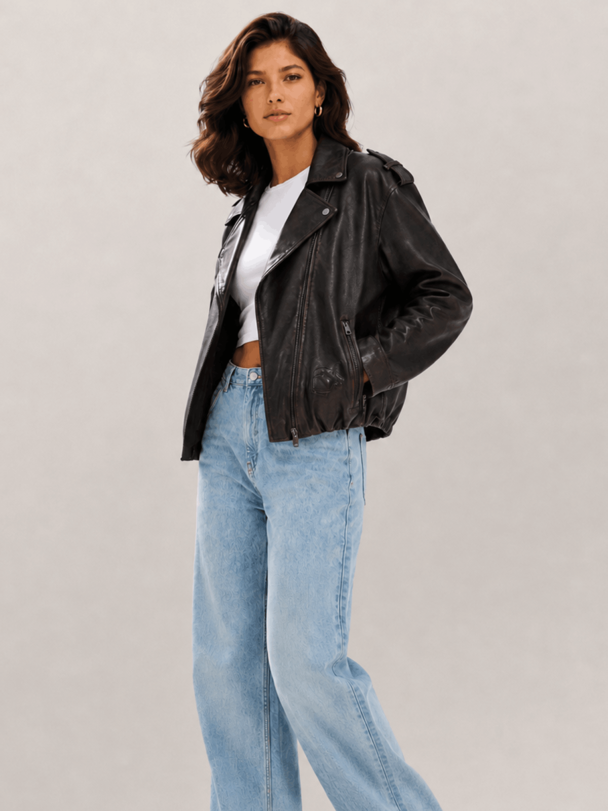 Women's Black Relaxed Fit Leather Biker Jacket