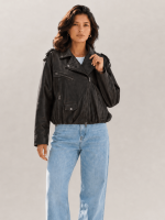 Women's Black Relaxed Fit Leather Biker Jacket