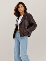 Women's Oxblood Red Relaxed Fit Leather Biker Jacket