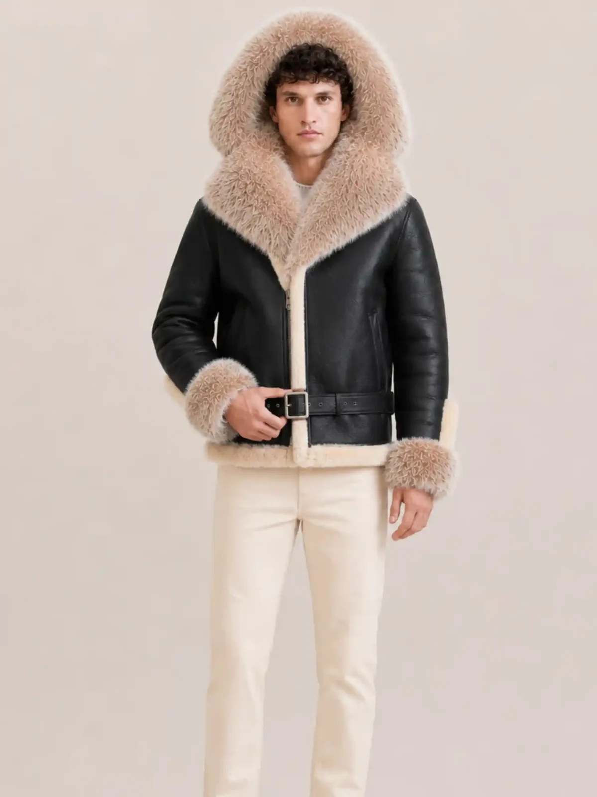 Men's Shearling Black Biker Style With Crystal Fur And Hood