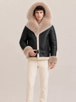 Men's Shearling Black Biker Style With Crystal Fur And Hood