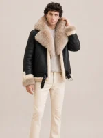 Men's Shearling Black Biker Style With Crystal Fur And Hood