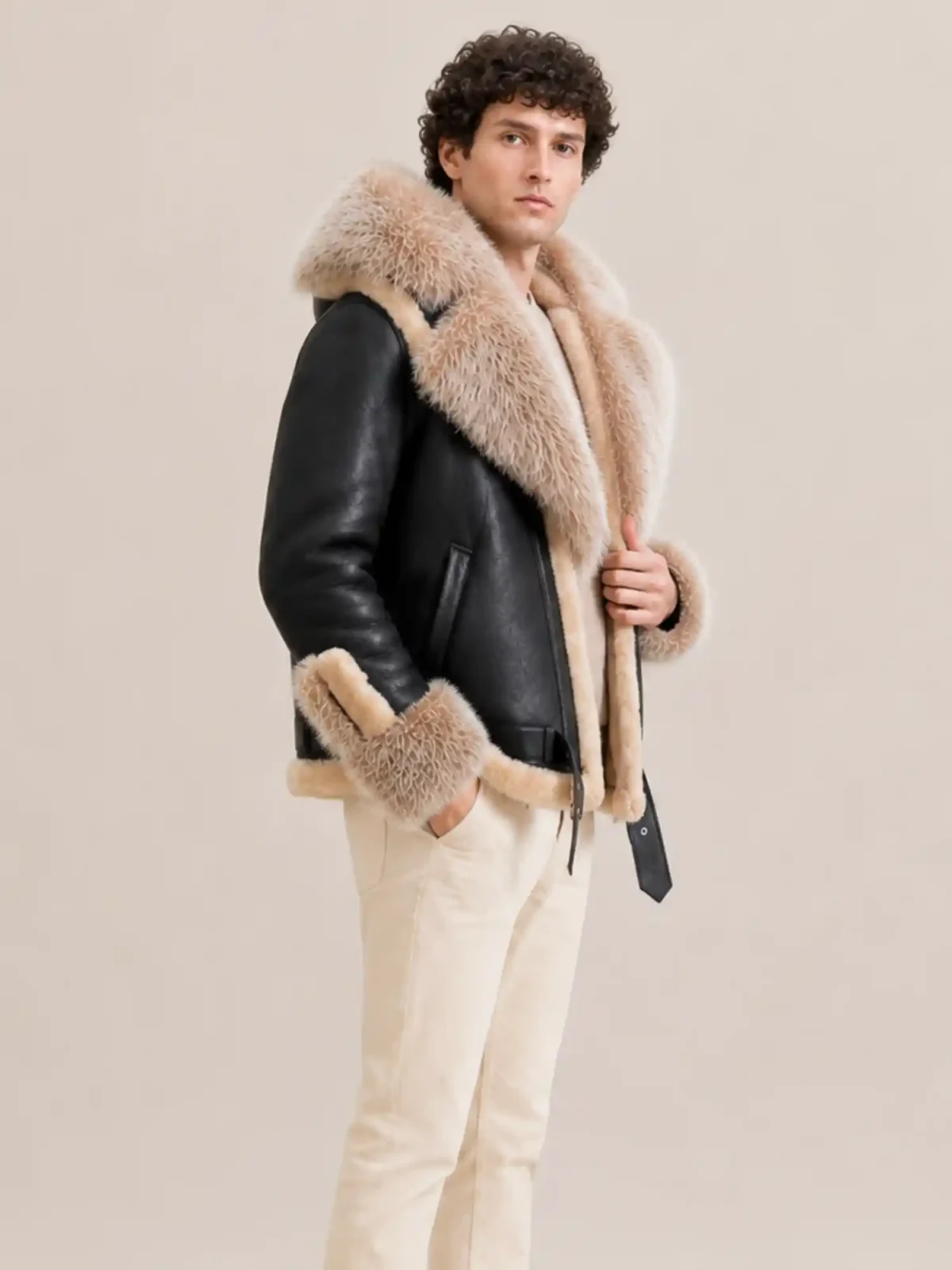 Men's Shearling Black Biker Style With Crystal Fur And Hood