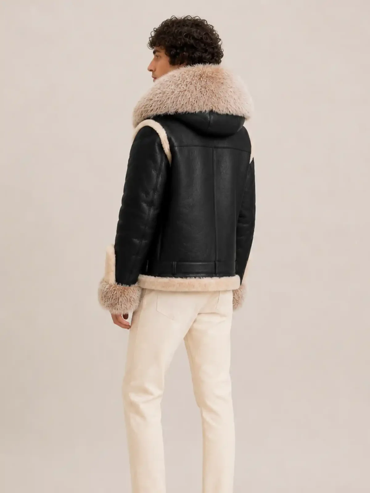 Men's Shearling Black Biker Style With Crystal Fur And Hood