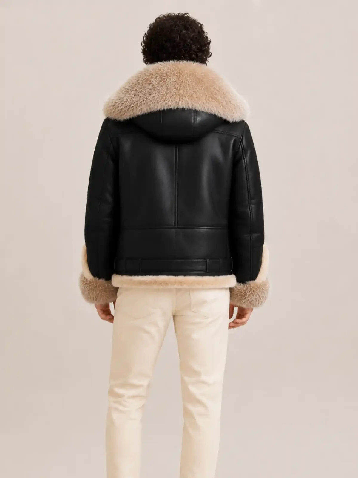 Men's Shearling Black Biker Style With Crystal Fur And Hood