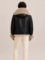 Men's Shearling Black Biker Style With Crystal Fur And Hood