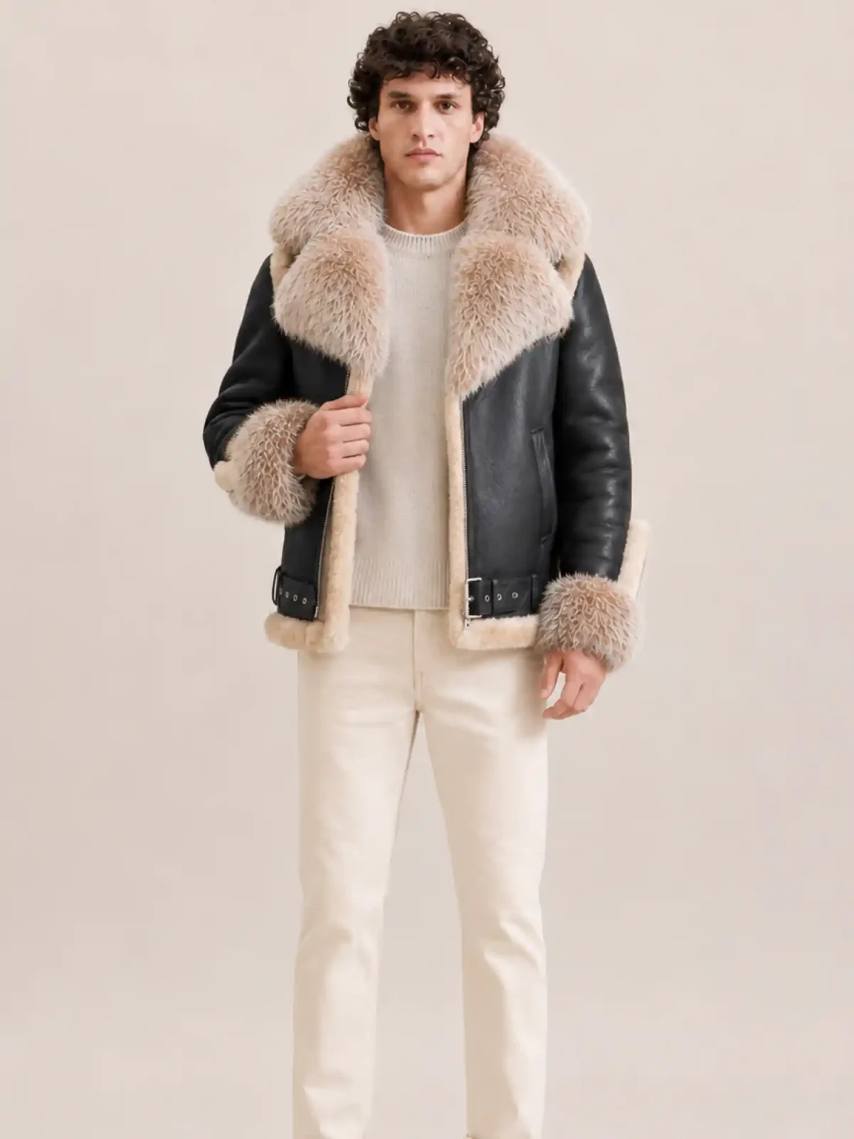 Men's Shearling Black Biker Style With Crystal Fur And Hood