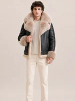 Men's Shearling Black Biker Style With Crystal Fur And Hood