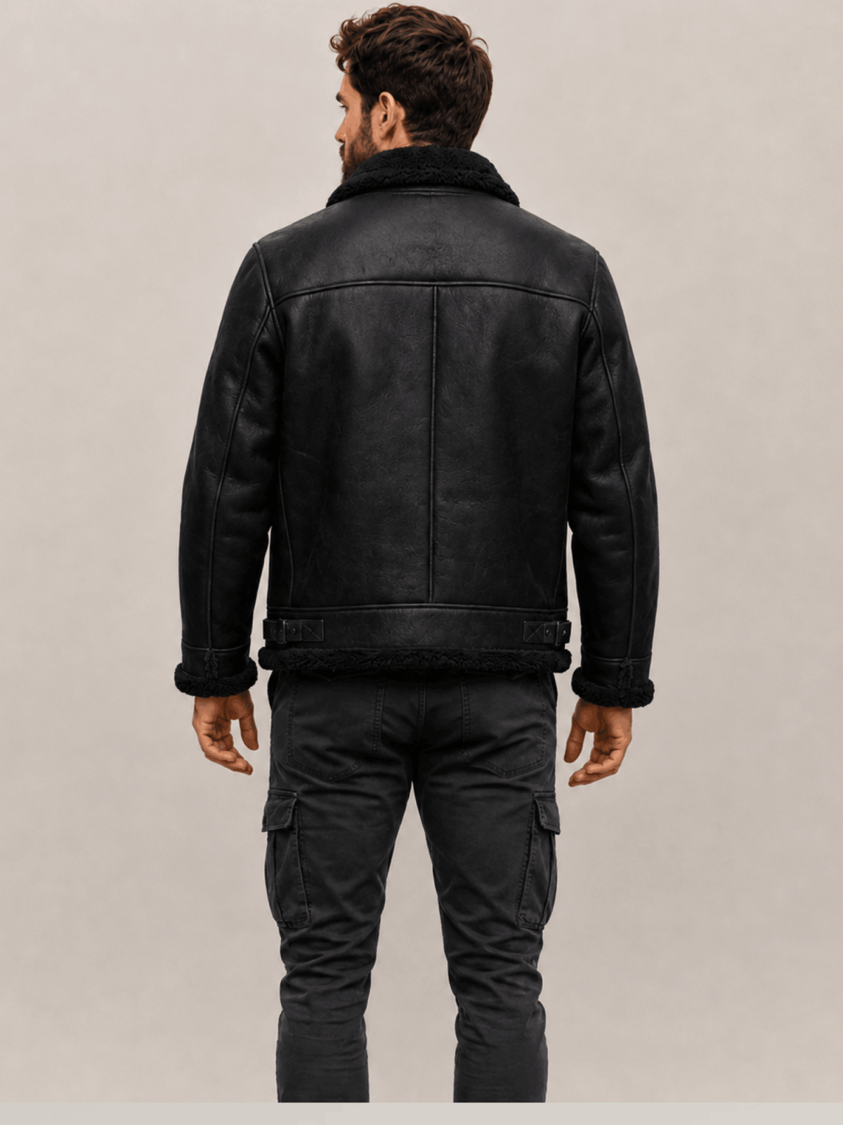 Men's Black Shearling Fur Collar Leather Bomber Jacket
