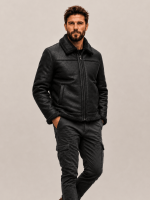 Men's Black Shearling Fur Collar Leather Bomber Jacket