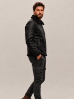 Men's Black Shearling Fur Collar Leather Bomber Jacket