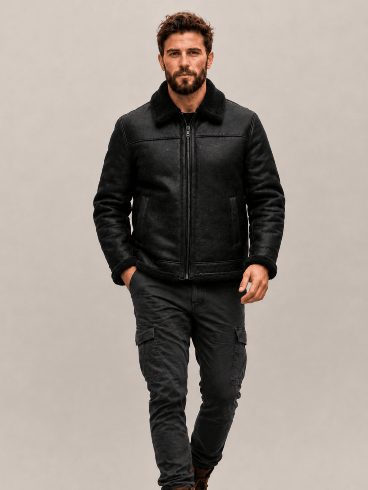 Men's Black Shearling Fur Collar Leather Bomber Jacket