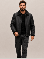 Men's Black Shearling Fur Collar Leather Bomber Jacket