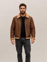 Men's Grizzly Brown Fur Collar Shearling Leather Bomber Jacket