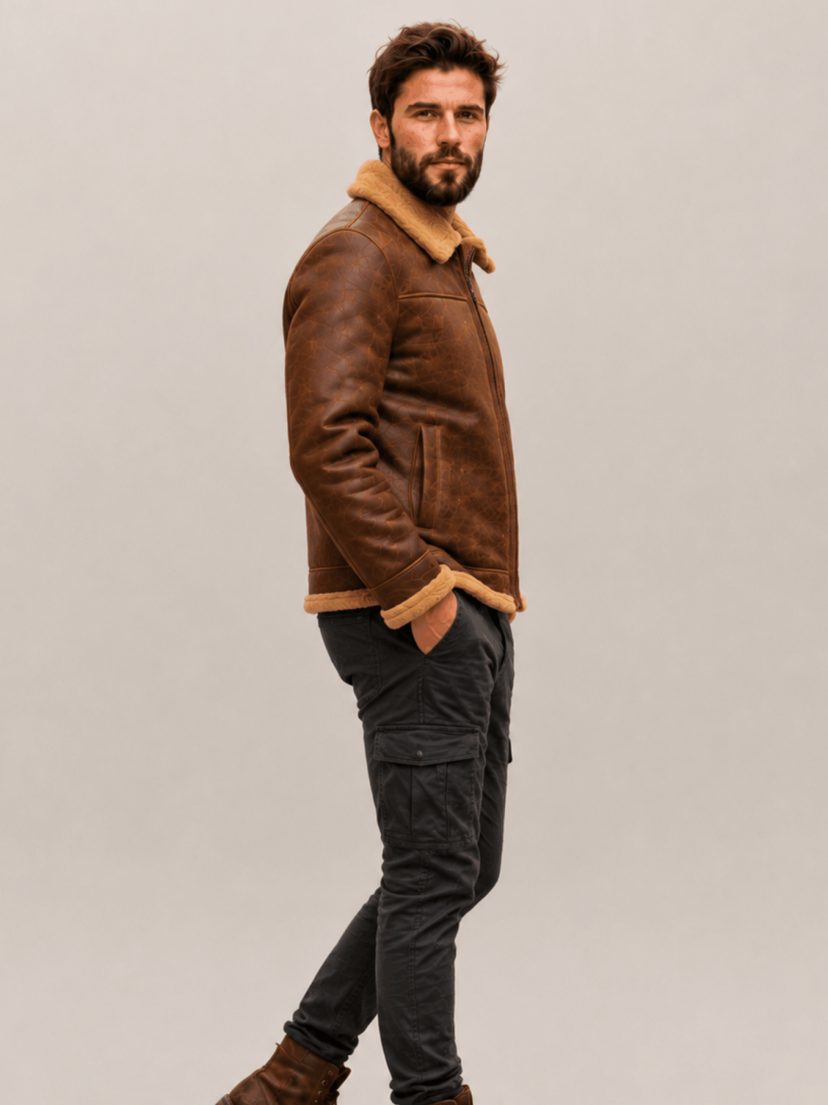 Men's Grizzly Brown Fur Collar Shearling Leather Bomber Jacket