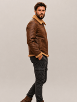 Men's Grizzly Brown Fur Collar Shearling Leather Bomber Jacket