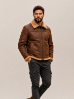 Men's Grizzly Brown Fur Collar Shearling Leather Bomber Jacket
