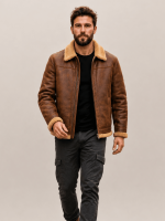 Men's Grizzly Brown Fur Collar Shearling Leather Bomber Jacket