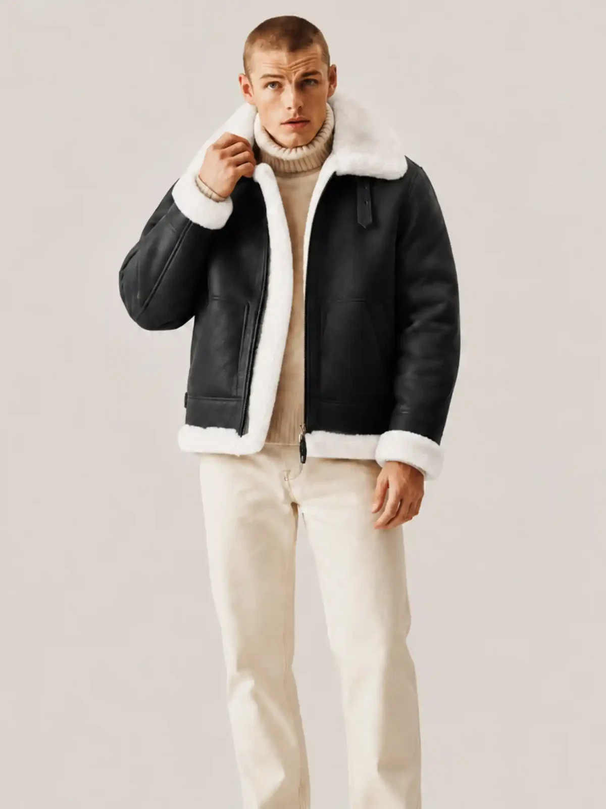 Men's B3 Black White fur Shearling Leather Jacket