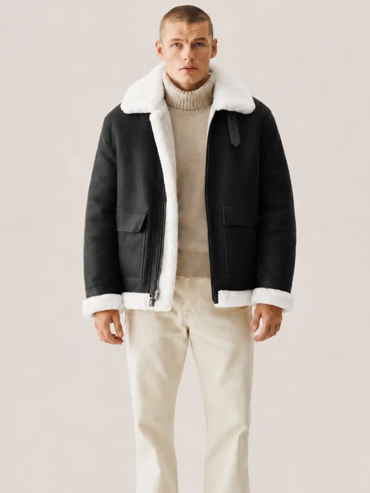Men's B3 Black White fur Shearling Leather Jacket