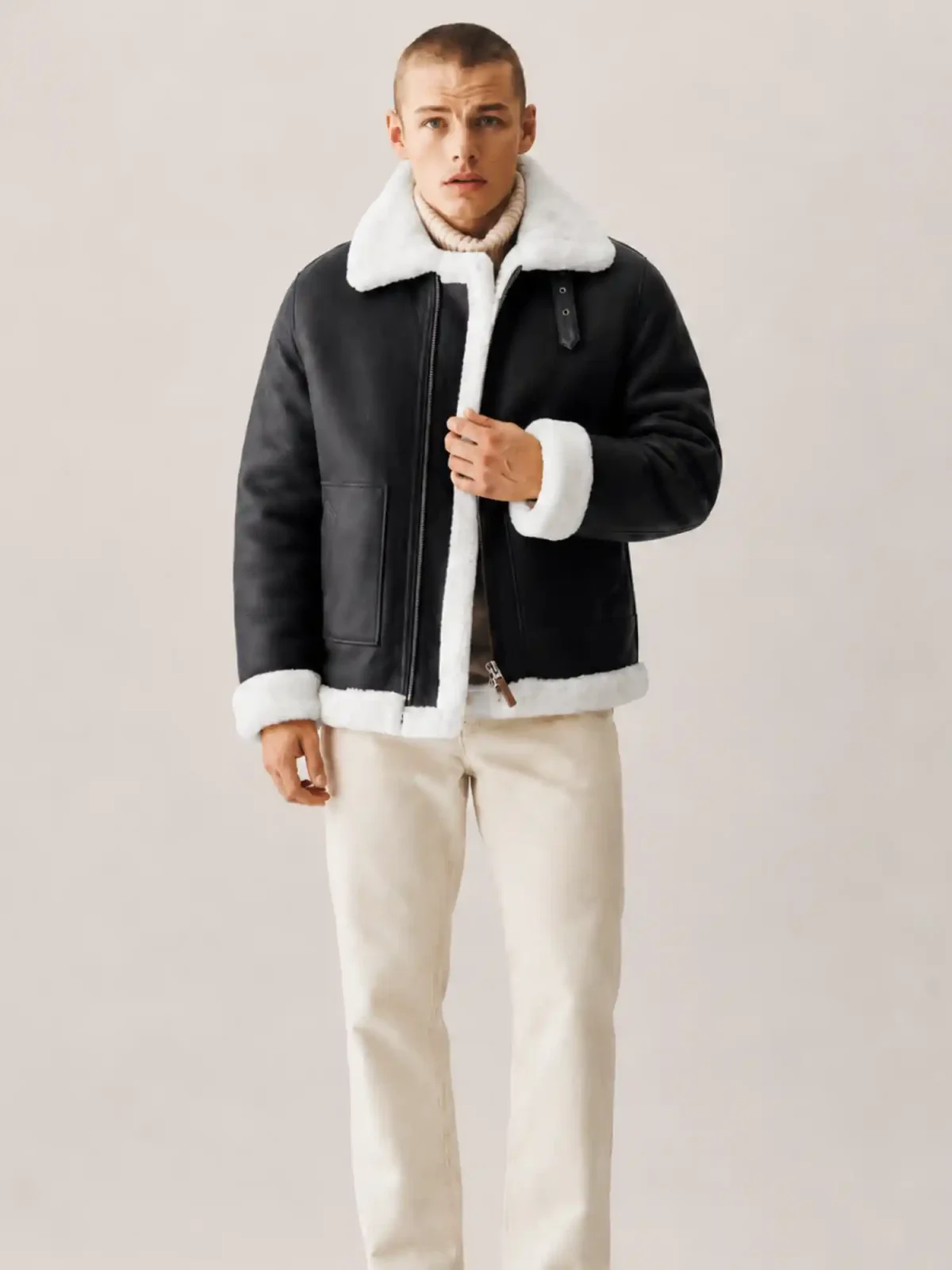 Men's B3 Black White fur Shearling Leather Jacket