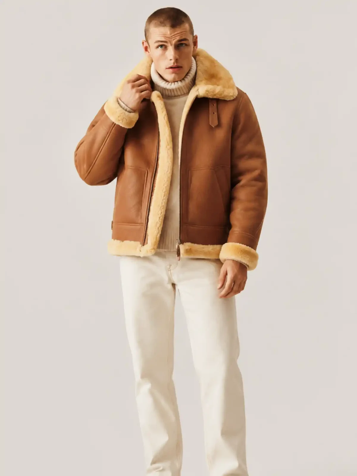 Men's B3 Cognac Brown Shearling Leather Jacket