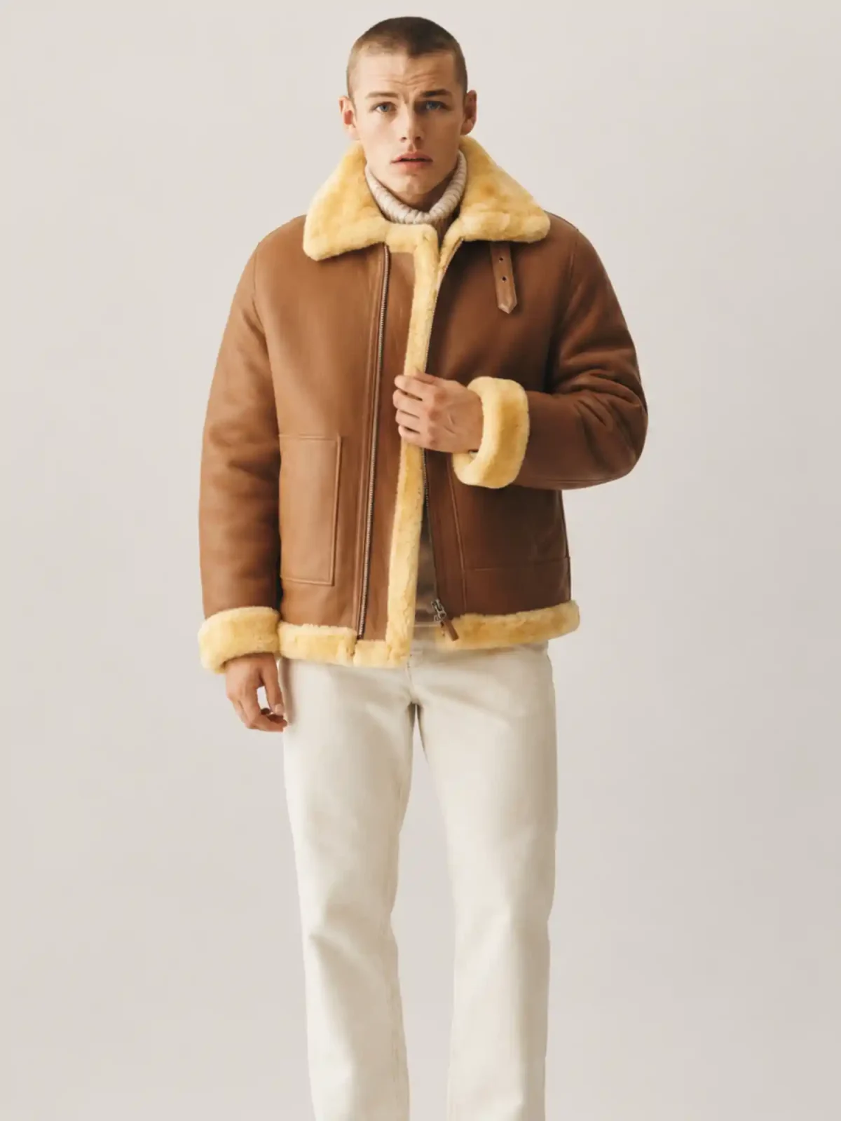 Men's B3 Cognac Brown Shearling Leather Jacket