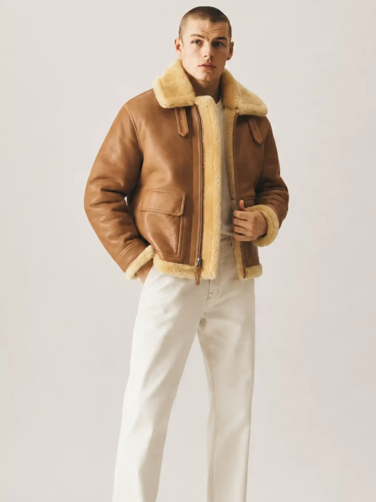 Men's B3 Cognac Brown Shearling Leather Jacket