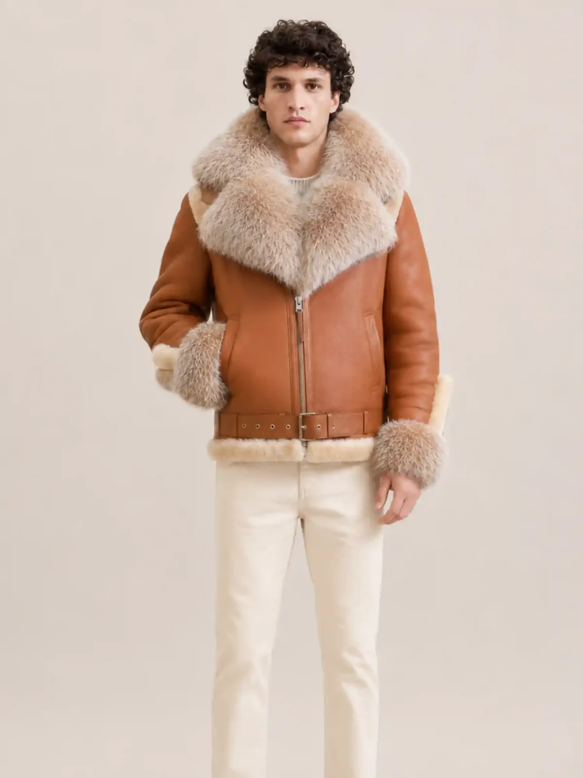 Men's Shearling Cognac Brown Biker Style With Crystal Fur And Hood