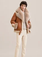Men's Shearling Cognac Brown Biker Style With Crystal Fur And Hood