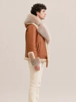 Men's Shearling Cognac Brown Biker Style With Crystal Fur And Hood
