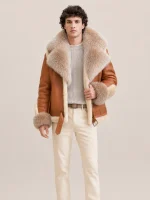 Men's Shearling Cognac Brown Biker Style With Crystal Fur And Hood