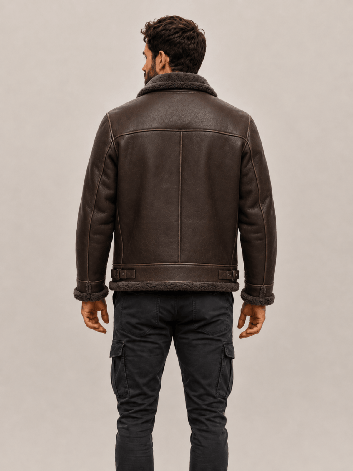 Men's Espresso Brown Fur Collar Shearling Leather Bomber Jacket