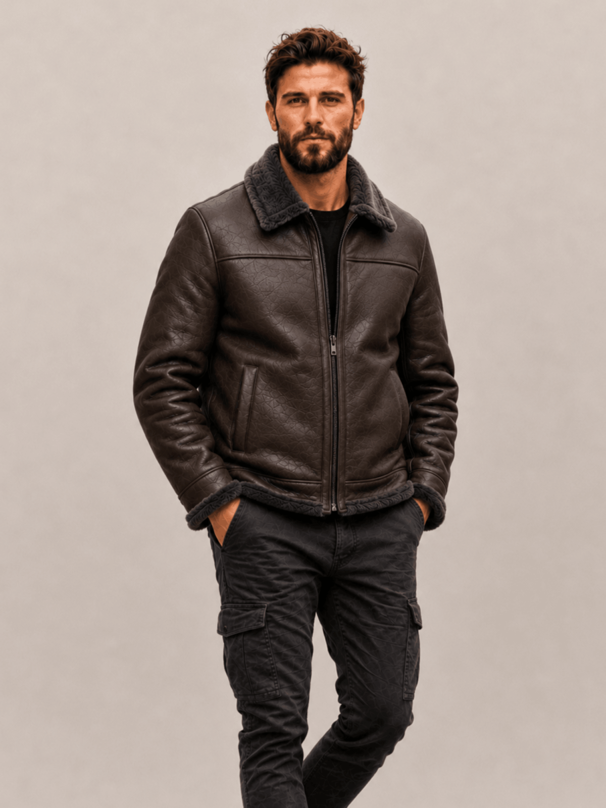 Men's Espresso Brown Fur Collar Shearling Leather Bomber Jacket