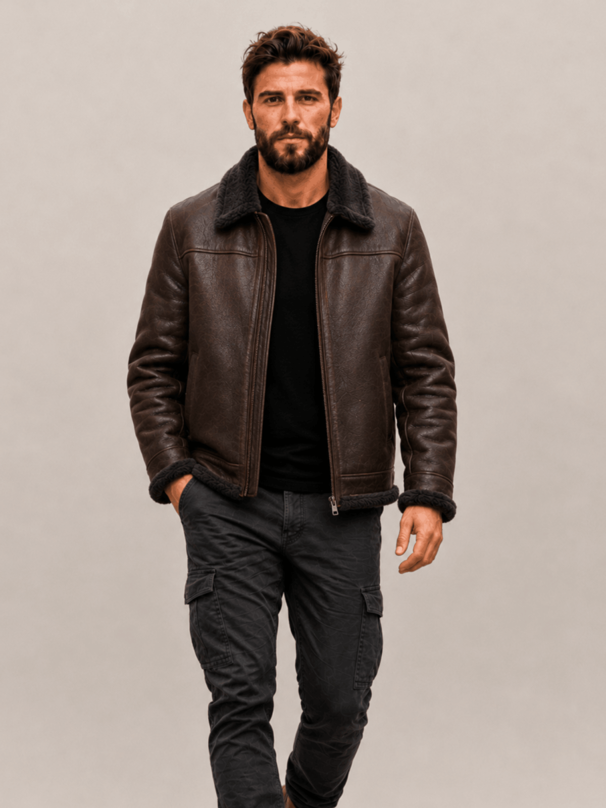 Men's Espresso Brown Fur Collar Shearling Leather Bomber Jacket