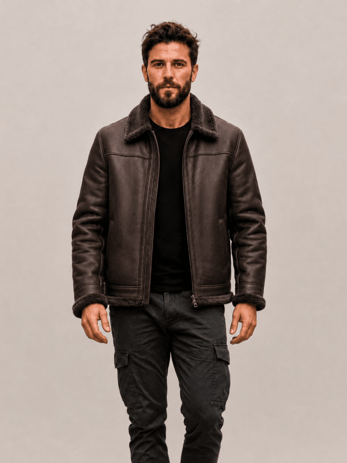 Men's Espresso Brown Fur Collar Shearling Leather Bomber Jacket