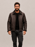 Men's Espresso Brown Fur Collar Shearling Leather Bomber Jacket