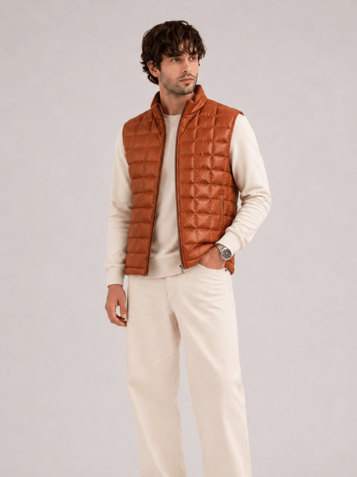 Men's Whiskey BrownTeton Leather Light Down Vest
