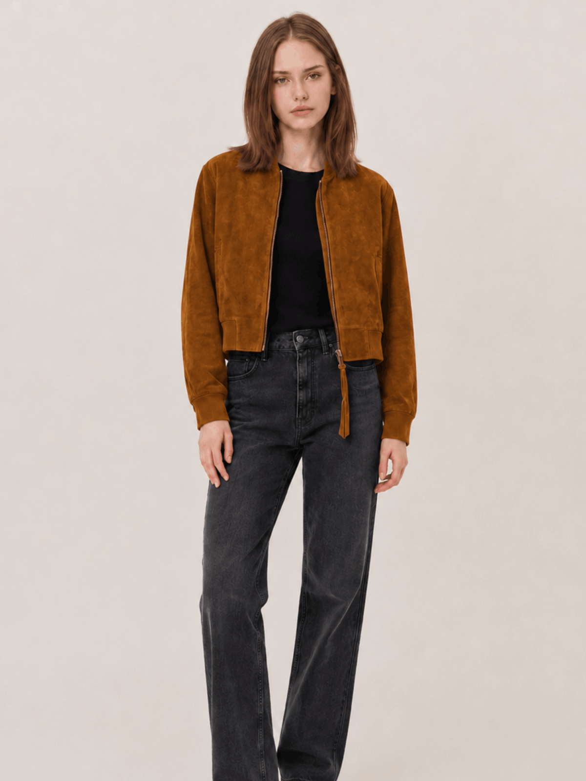 Women's Orten Cognac Brown Suede Bomber Jacket