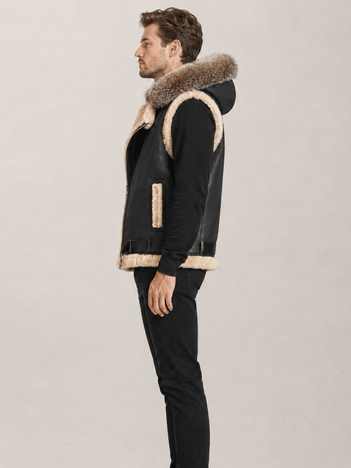 Men's Leather Shearling VEST Black With Crystal Hood