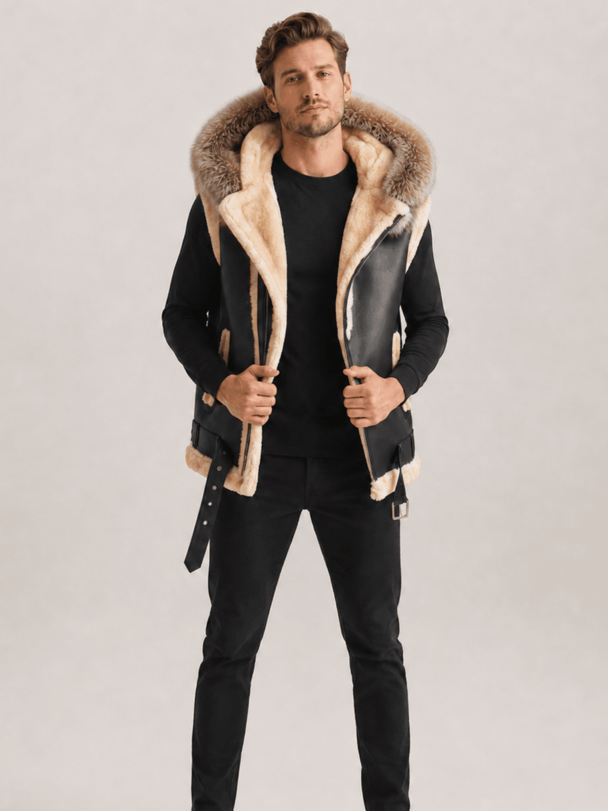 Men's Leather Shearling VEST Black With Crystal Hood