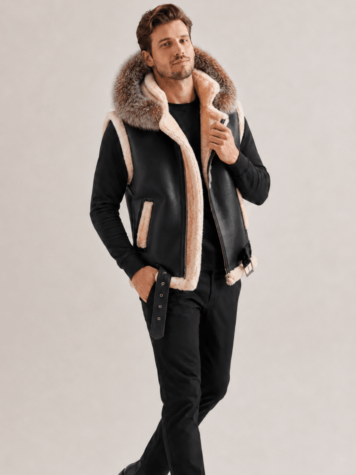 Men's Leather Shearling VEST Black With Crystal Hood