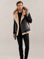 Men's Leather Shearling VEST Black With Crystal Hood