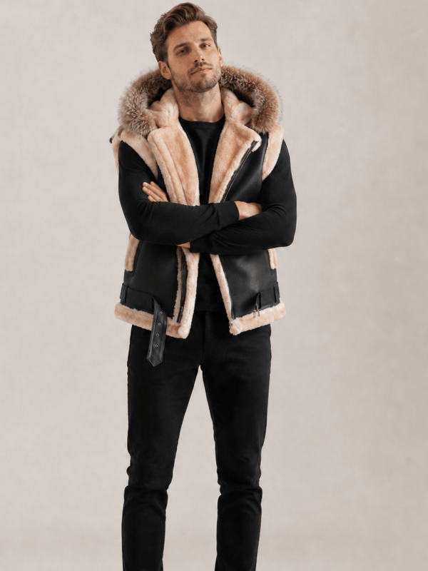 Men's Leather Shearling VEST Black With Crystal Hood