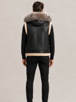 Men's Leather Shearling VEST Black With Crystal Hood